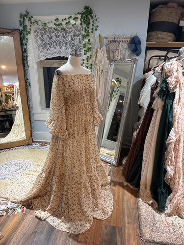 Ready to ship beige floral crinkle ruffle me open dress