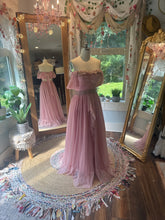 Load image into Gallery viewer, One of a kind hand dyed pink love bird dress with antique lace trims