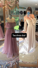 Load image into Gallery viewer, Two dress deal A new day dress in beige and One of a kind hand dyed pink love bird dress with antique lace trims ready to ship