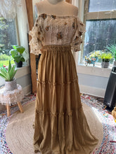 Load image into Gallery viewer, Ready to ship sale embroidery fabric corset top with mystical sleeve and mustard linen cotton you glow skirt