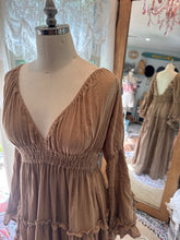 Load image into Gallery viewer, Ready to ship fearless hearts linen cotton tan brown reversible dress sale