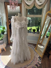 Load image into Gallery viewer, One of a kind white Opaline chiffon and lace dress fits small to large ready to ship- front bodice ruffle can be shortened if you wish