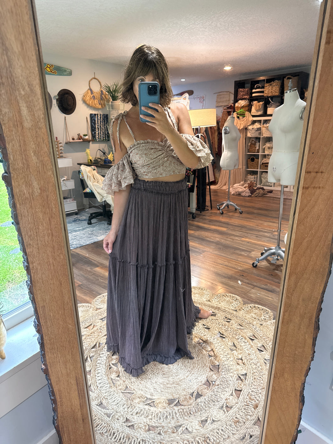 Ready to ship sale hand dyed skirt skirt and poetry print top brown floral