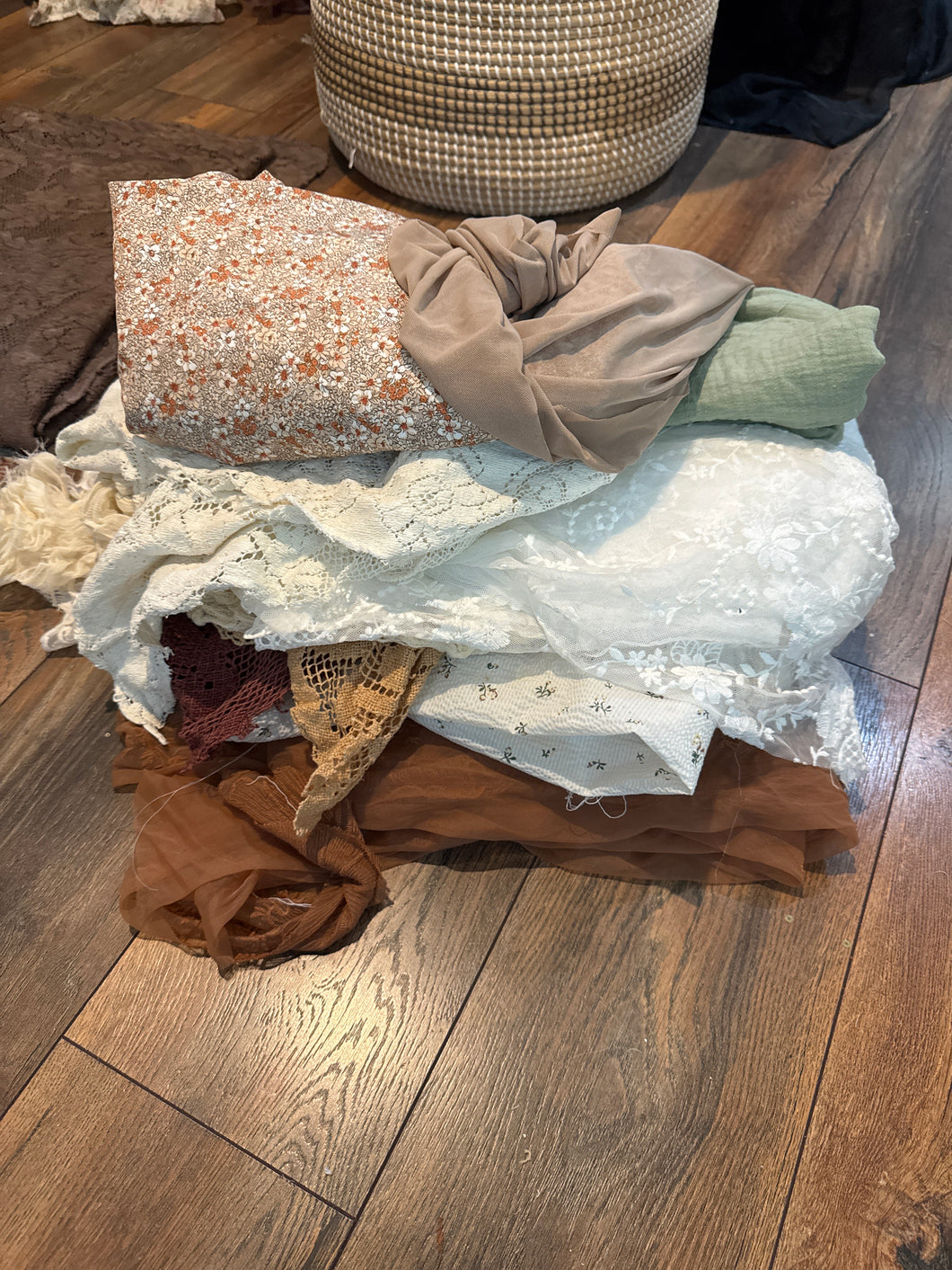 (Package A)Box of fabric remnants perfect for baby layering (photo prop)