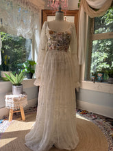 Load image into Gallery viewer, Sale-Ready to ship one of a kind lace with floral embellishments lined in chiffon dress xs-large adjustable