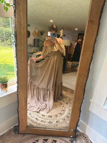 (Preorder 6-8 week) chiffon tan brown ships off those shoulders dress (sheer)