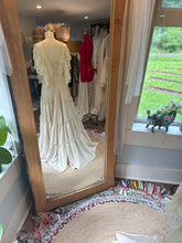 Load image into Gallery viewer, Preorder allow 6-8 week The new Rosette Dress in ivory soft matte satin with roses pink embroidered embellishments