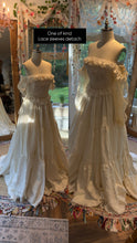 Load image into Gallery viewer, Ready to ship one of a kind ivory low waist corset gown with linen tier skirt (extra detachable sleeves)