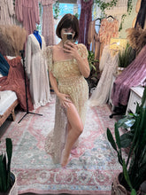 Load image into Gallery viewer, Retired style Wonderland two piece reclamation dress in beaded gold ready to ship on sale