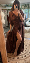 Load image into Gallery viewer, Simply light cotton dark brown reclamation dress ready to ship (note color is true in first pictures. Lighter color has been edited)