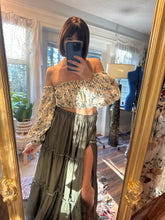 Load image into Gallery viewer, You glow girl soft silky matte satin olive two piece with embroidery top Daisy ready to ship sale