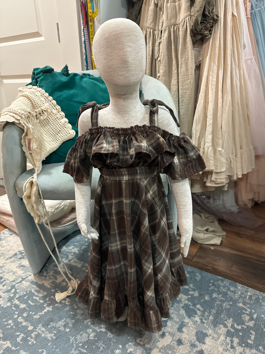 Ready to ship kids dress flannel  plaid two-piece sale