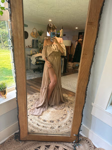 (Preorder 6-8 week) chiffon tan brown ships off those shoulders dress (sheer)
