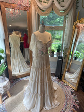 Load image into Gallery viewer, Preorder allow 6-8 week The new Rosette Dress in ivory soft matte satin with roses pink embroidered embellishments