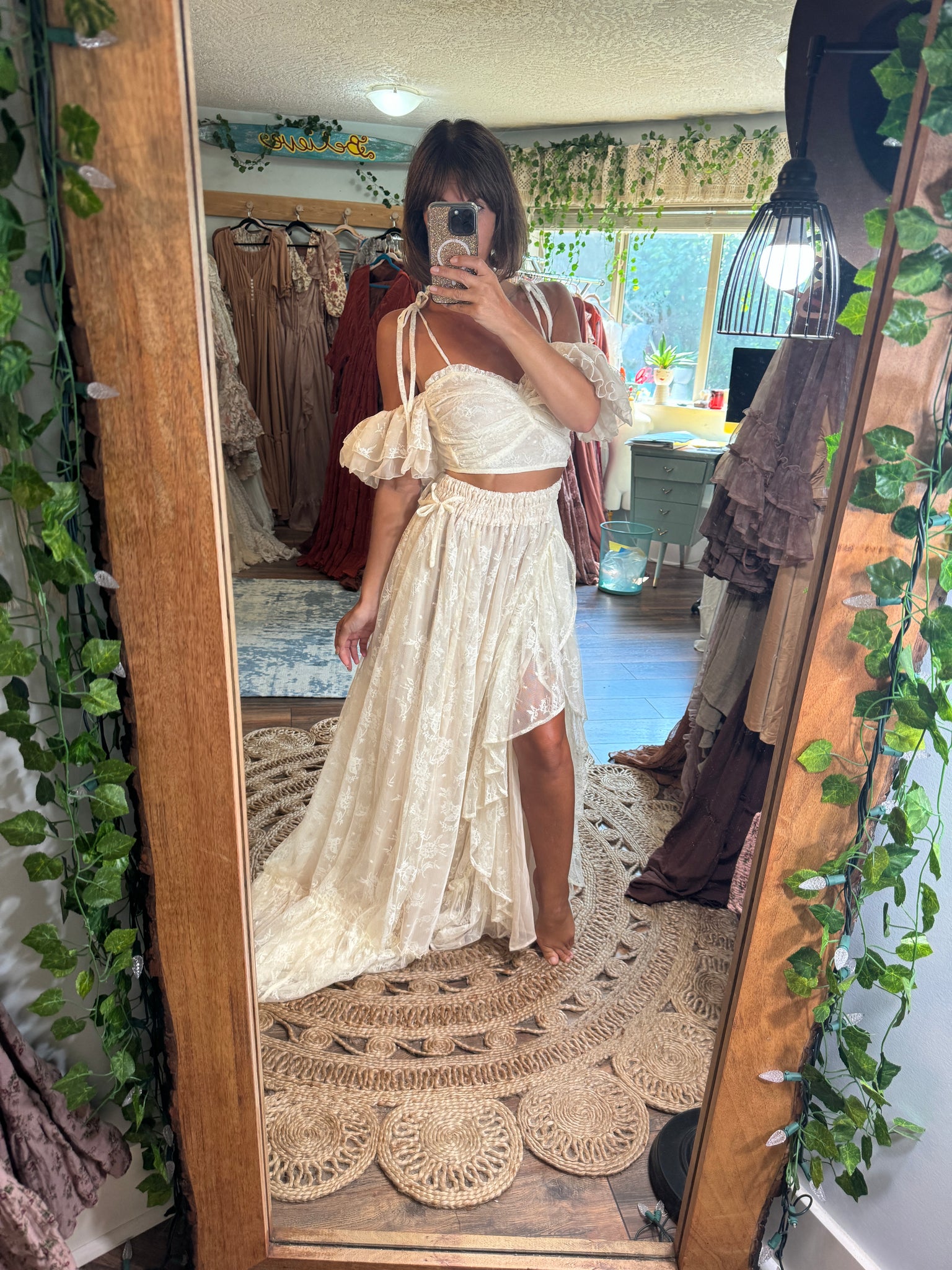 ivory lace two piece dress Zapaka Women Boho Wedding Dress Off The Shoulder Lace Ivory A Line Ruffled 2-piece Bridal Dress with Slit, Ivory / US16W
