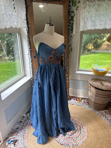 Ready to ship denim corset dress fitting larger busts with embroidery embellishments sale