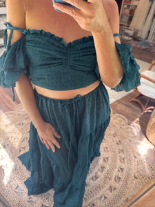 Ready to ship teal green crinkle poetry top and tier skirt