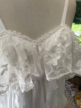 Load image into Gallery viewer, One of a kind white Opaline chiffon and lace dress fits small to large ready to ship- front bodice ruffle can be shortened if you wish