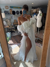 Load image into Gallery viewer, One of a kind white Opaline chiffon and lace dress fits small to large ready to ship- front bodice ruffle can be shortened if you wish