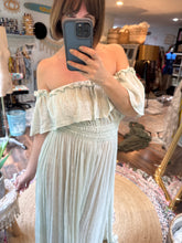 Load image into Gallery viewer, Ready to ship spring sale light blue show off those shoulders hand dye dress