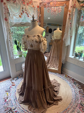 Load image into Gallery viewer, Ready to ship on sale two piece embroidered oh my top and tan brown ruffle skirt linen cotton