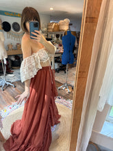 Load image into Gallery viewer, Mix and match floral crinkle one of a kind top and rust poetry skirt