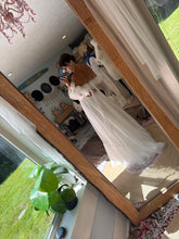 Load image into Gallery viewer, One of a kind white Opaline chiffon and lace dress fits small to large ready to ship- front bodice ruffle can be shortened if you wish