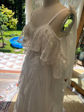 Load image into Gallery viewer, One of a kind white Opaline chiffon and lace dress fits small to large ready to ship- front bodice ruffle can be shortened if you wish