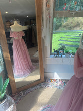 Load image into Gallery viewer, One of a kind hand dyed pink love bird dress with antique lace trims