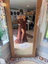 Load image into Gallery viewer, Sale Ready to ship dark brown crinkle live bird dress with puff sleeves