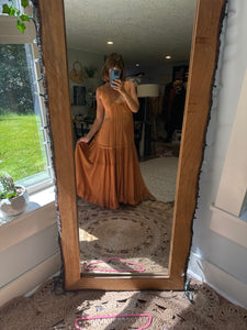 Ready to ship mustard tan dress sleeveless backless
