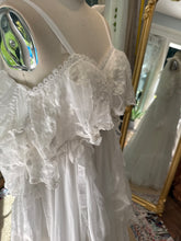 Load image into Gallery viewer, One of a kind white Opaline chiffon and lace dress fits small to large ready to ship- front bodice ruffle can be shortened if you wish