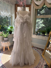 Load image into Gallery viewer, One of a kind white Opaline chiffon and lace dress fits small to large ready to ship- front bodice ruffle can be shortened if you wish