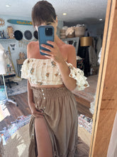 Load image into Gallery viewer, Ready to ship embroidery top and ruffle me open tan brown skirt