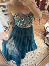 Load image into Gallery viewer, Ready to ship embroidery top - teal green crinkle poetry top and tier skirt