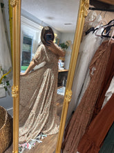 Load image into Gallery viewer, Ready to ship prairie hearts in beige rust floral crinkle dress