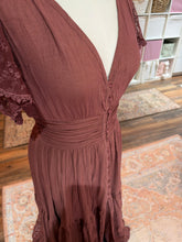 Load image into Gallery viewer, Ready to ship brown cotton crinkle soul mate dress with lace sleeves