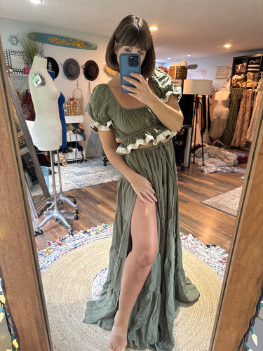 Lullaby two piece dress linen cotton olive ready to ship top is reversible