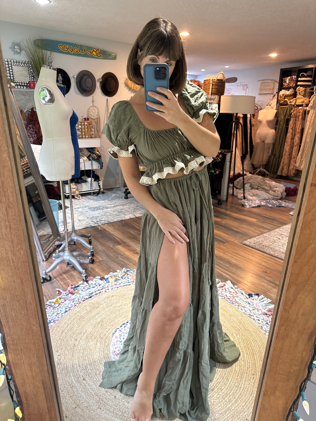 Lullaby two piece dress linen cotton olive ready to ship top is reversible