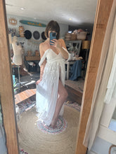Load image into Gallery viewer, One of a kind Beachy Goddess off white dress with lace - open front style with padding in bust sale ready to ship