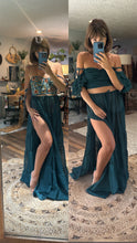 Load image into Gallery viewer, Ready to ship embroidery top - teal green crinkle poetry top and tier skirt