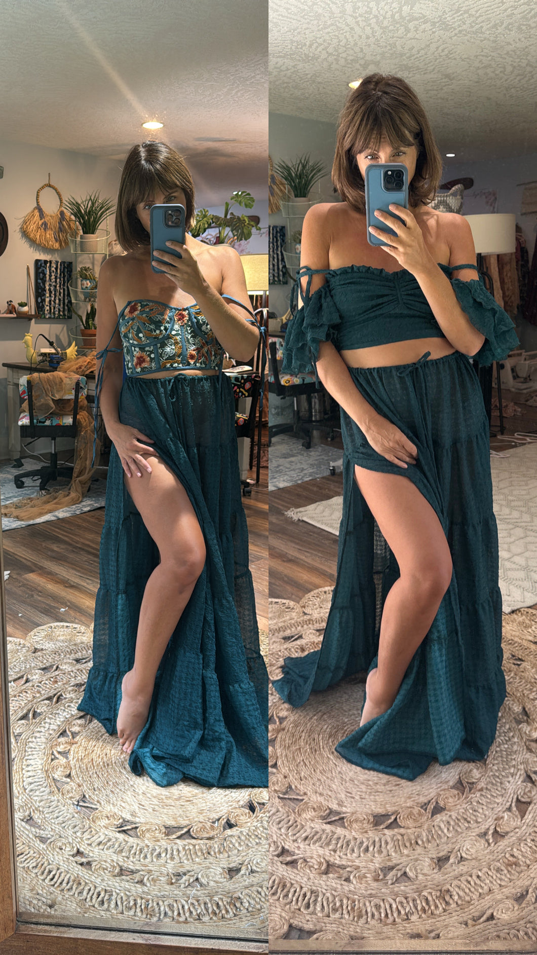 Ready to ship embroidery top - teal green crinkle poetry top and tier skirt