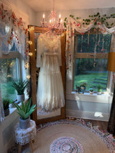 Load image into Gallery viewer, Sample sale new concept dress ivory and off white lace mixed with antique lace trims (high neck) corset