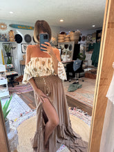 Load image into Gallery viewer, Ready to ship tan brown ruffle me open skirt and mystical wonders embroidered top