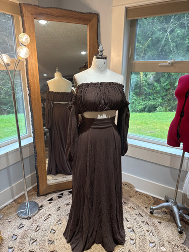 Ready to ship on sale dark brown linen cotton two-piece dress