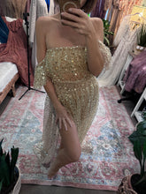 Load image into Gallery viewer, Retired style Wonderland two piece reclamation dress in beaded gold ready to ship on sale