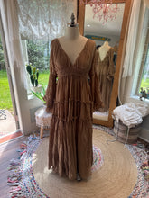 Load image into Gallery viewer, Ready to ship fearless hearts linen cotton tan brown reversible dress sale