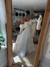 Load image into Gallery viewer, One of a kind white Opaline chiffon and lace dress fits small to large ready to ship- front bodice ruffle can be shortened if you wish