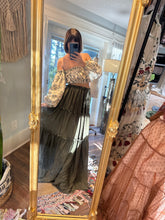 Load image into Gallery viewer, You glow girl soft silky matte satin olive two piece with embroidery top Daisy ready to ship sale