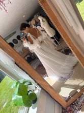 Load image into Gallery viewer, One of a kind white Opaline chiffon and lace dress fits small to large ready to ship- front bodice ruffle can be shortened if you wish
